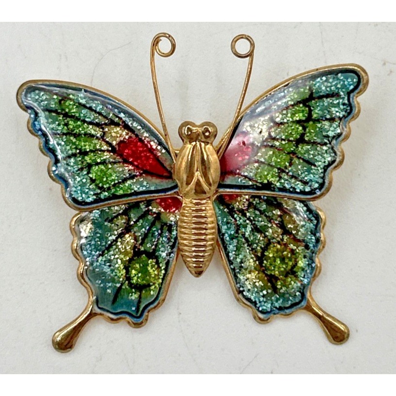 Vtg Gold Tone Swallowtail Butterfly Brooch Pin Iridescent Enamel Blue Red